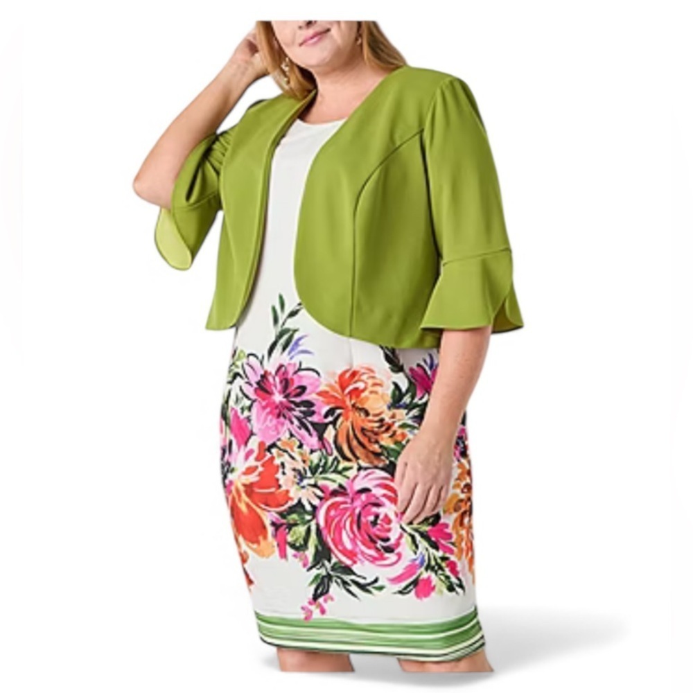 White Floral Print Dress with Green Jacket - Picture 1 of 9